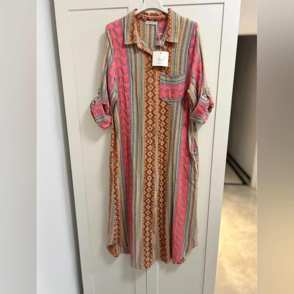 Colorful Aztec Stripe Button-Front Shirt Dress